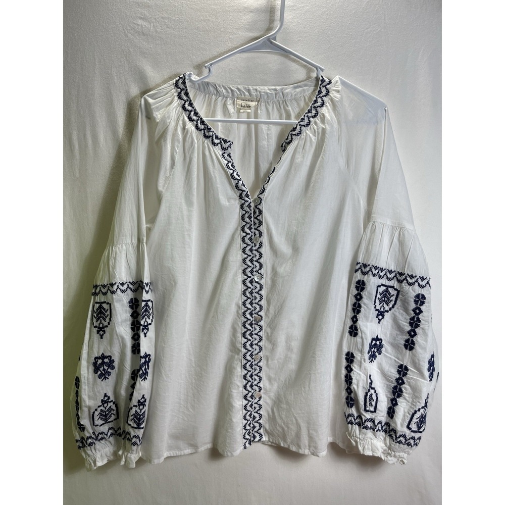 Nicole Miller Woman's L Blue Floral Print Linen Balloon Sleeve Top Boho Peasant